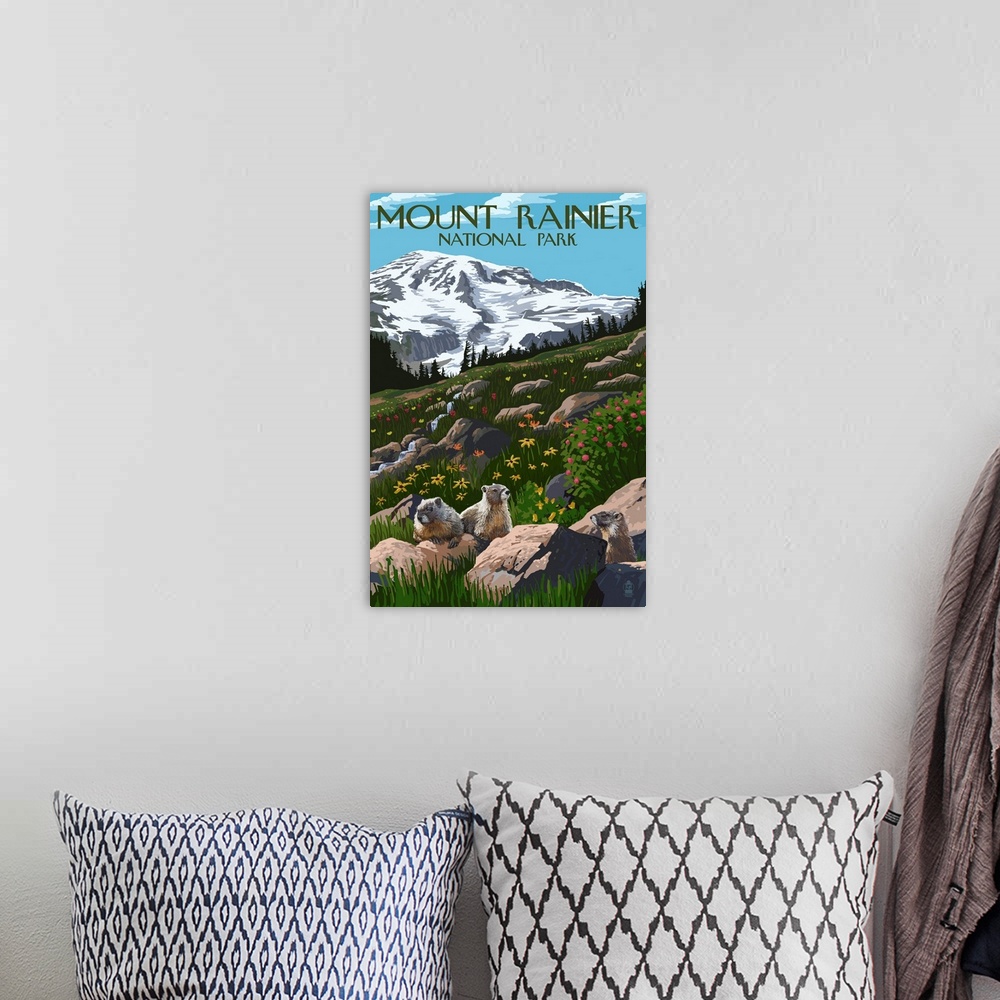 A bohemian room featuring Mount Rainier National Park, Marmot In A Wildflower Field: Retro Travel Poster