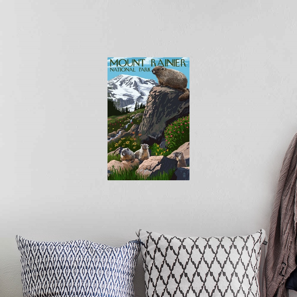 A bohemian room featuring Mount Rainier National Park - Marmots: Retro Travel Poster