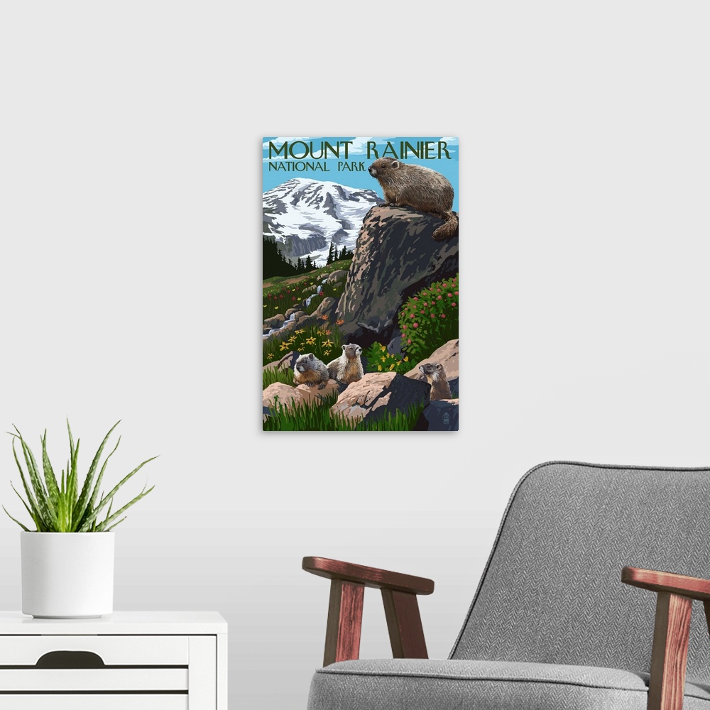 A modern room featuring Mount Rainier National Park - Marmots: Retro Travel Poster