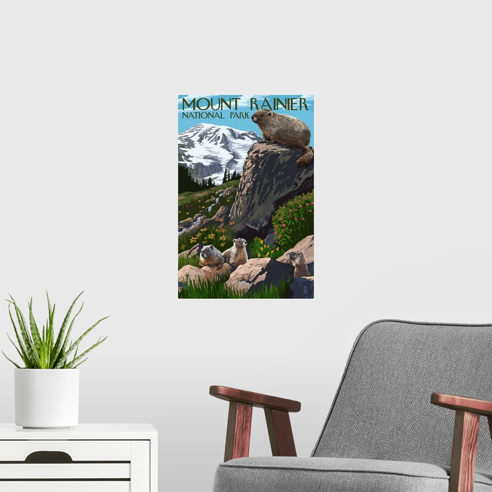 A modern room featuring Mount Rainier National Park - Marmots: Retro Travel Poster
