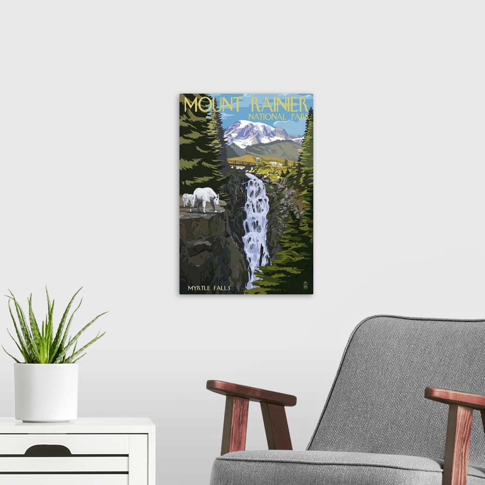 A modern room featuring Mount Rainier National Park - Myrtle Falls and Mountain Goats: Retro Travel Poster