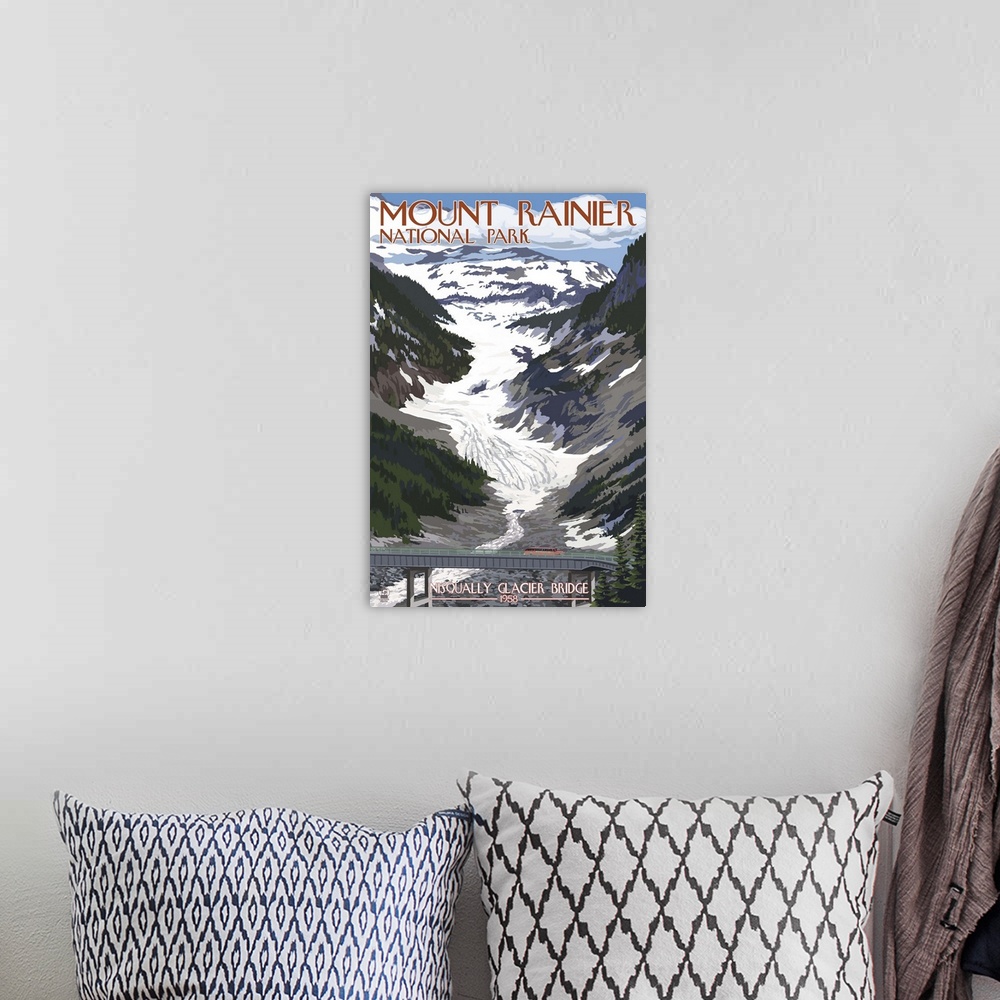 A bohemian room featuring Mount Rainier National Park - Nisqually Glacier and Red Bus: Retro Travel Poster
