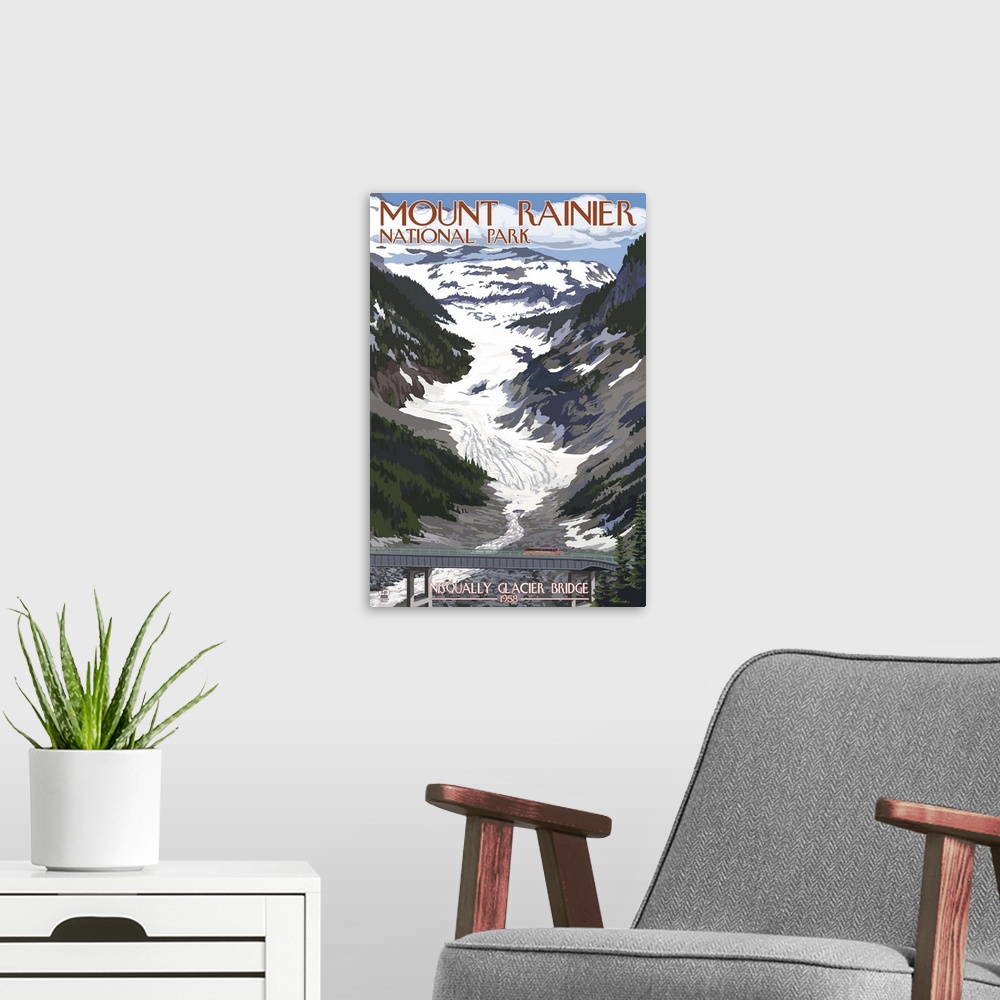 A modern room featuring Mount Rainier National Park - Nisqually Glacier and Red Bus: Retro Travel Poster