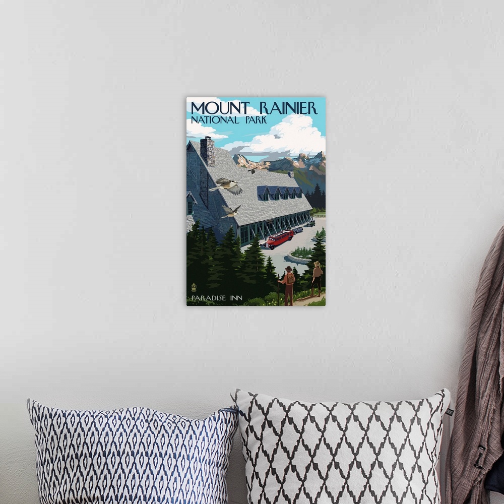 A bohemian room featuring Mount Rainier National Park -  Paradise Inn: Retro Travel Poster