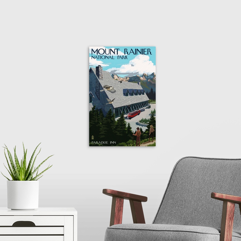 A modern room featuring Mount Rainier National Park -  Paradise Inn: Retro Travel Poster