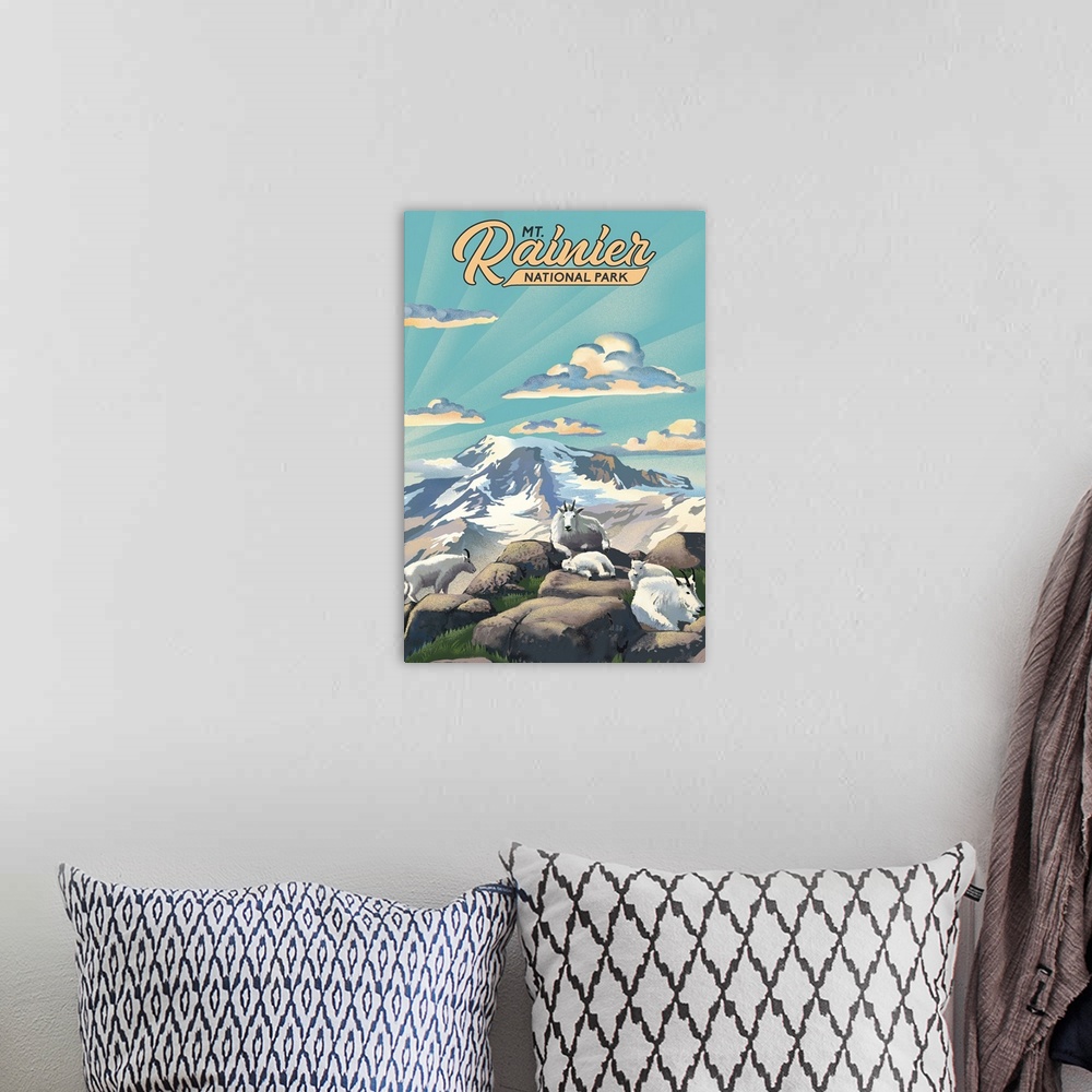 A bohemian room featuring Mount Rainier National Park, Rams On A Mountaintop: Retro Travel Poster
