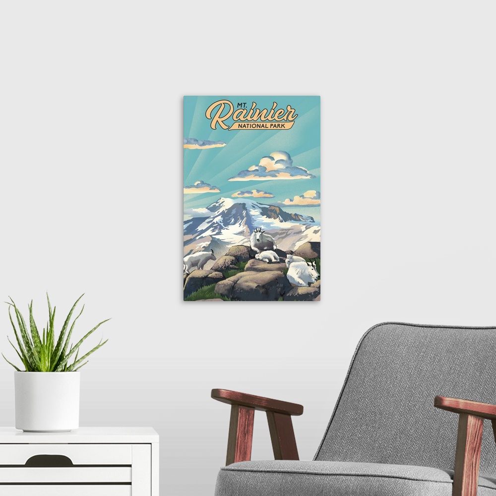 A modern room featuring Mount Rainier National Park, Rams On A Mountaintop: Retro Travel Poster