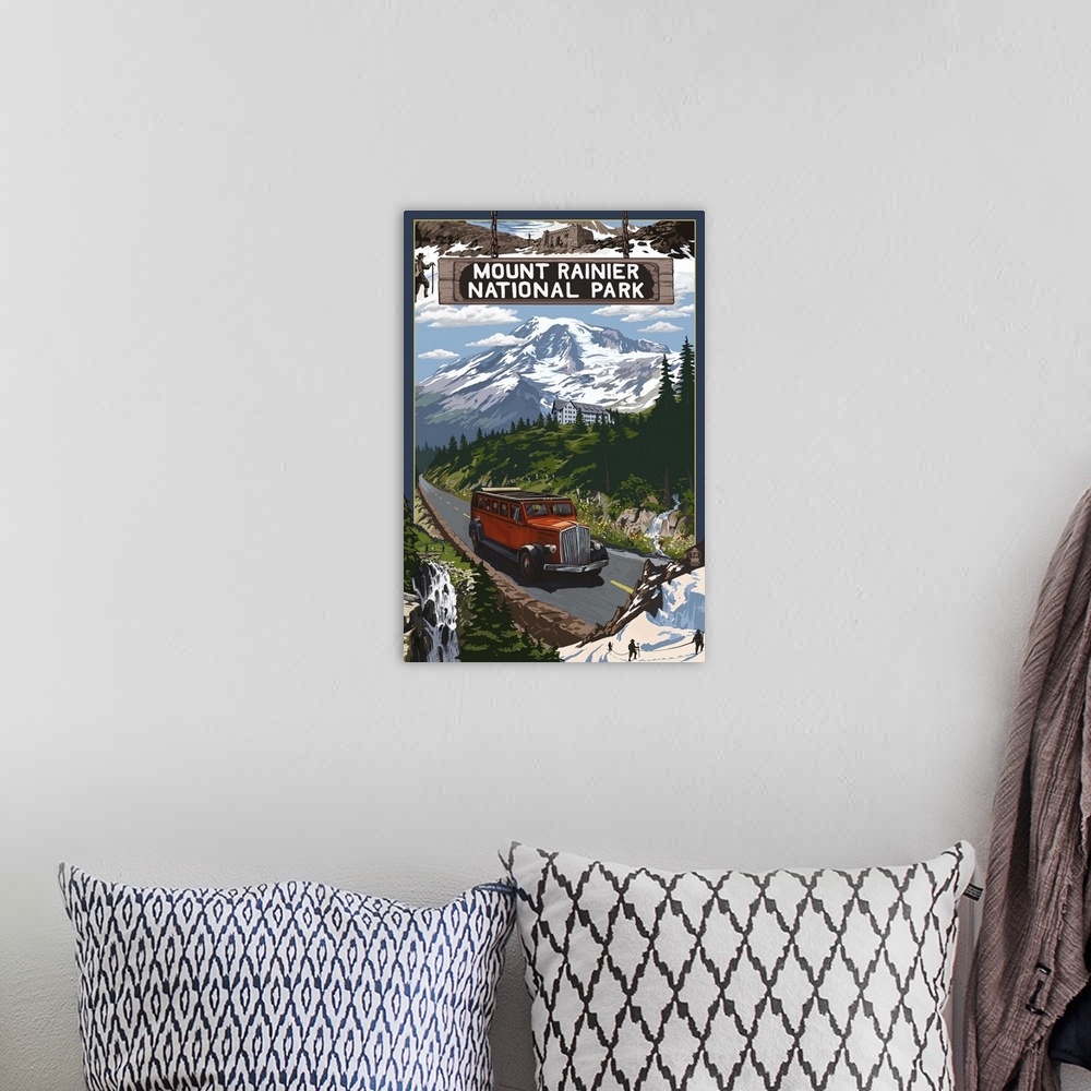 A bohemian room featuring Mount Rainier National Park: Retro Travel Poster