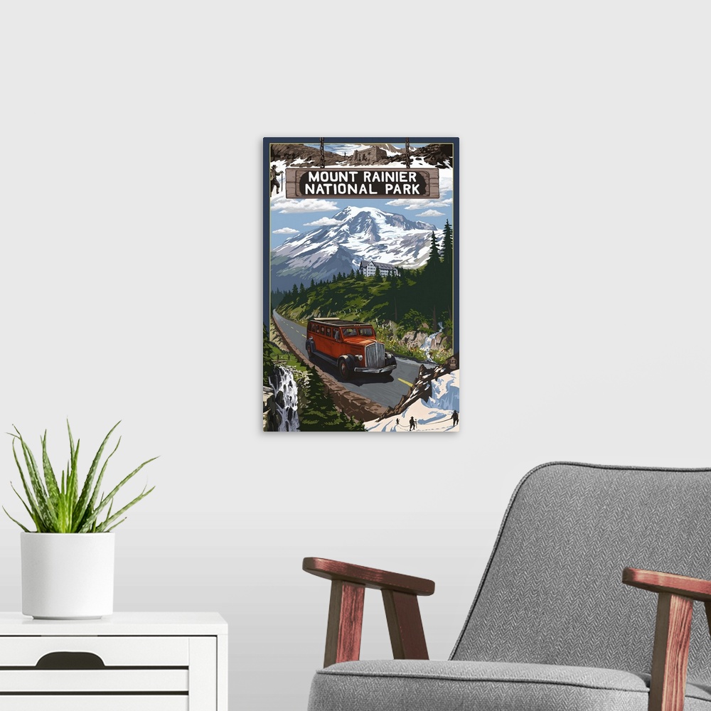 A modern room featuring Mount Rainier National Park: Retro Travel Poster