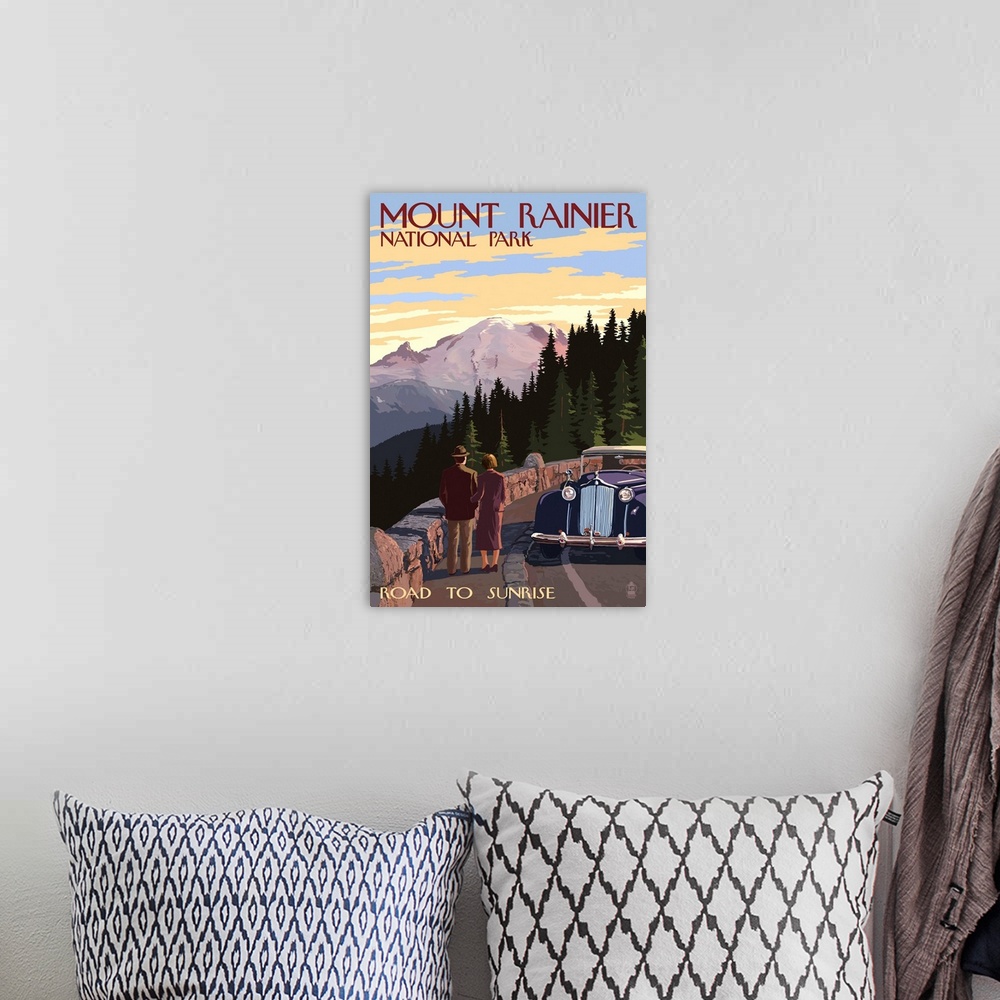 A bohemian room featuring Mount Rainier National Park - Road to Sunrise: Retro Travel Poster