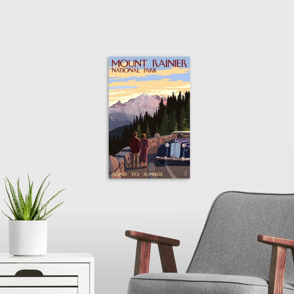 A modern room featuring Mount Rainier National Park - Road to Sunrise: Retro Travel Poster