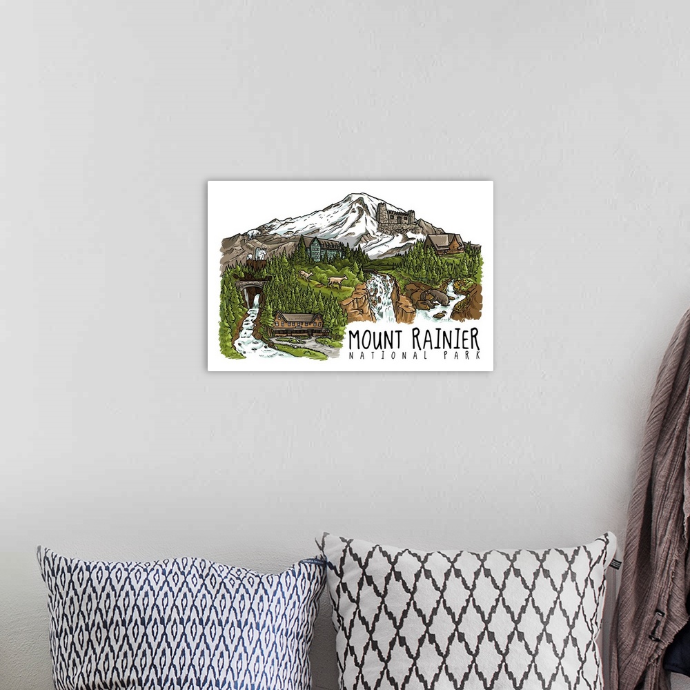 A bohemian room featuring Mount Rainier National Park, Washington - Line Drawing