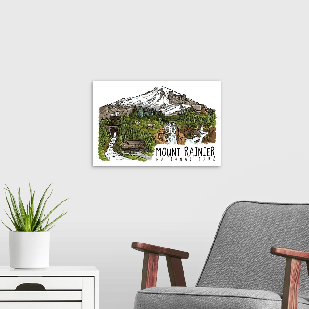 A modern room featuring Mount Rainier National Park, Washington - Line Drawing