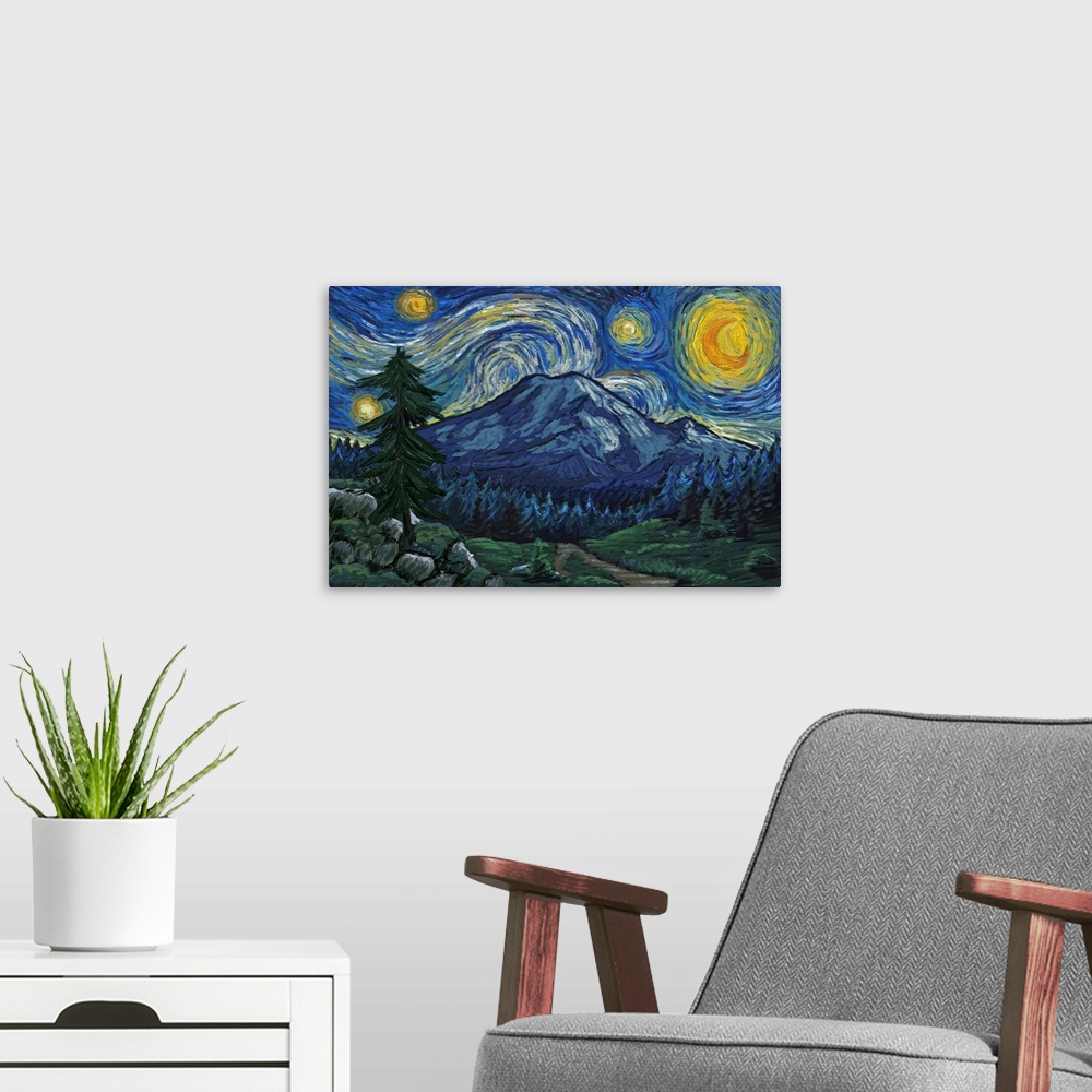 A modern room featuring Mount Rainier National Park, Washington - Starry Night National Park Series