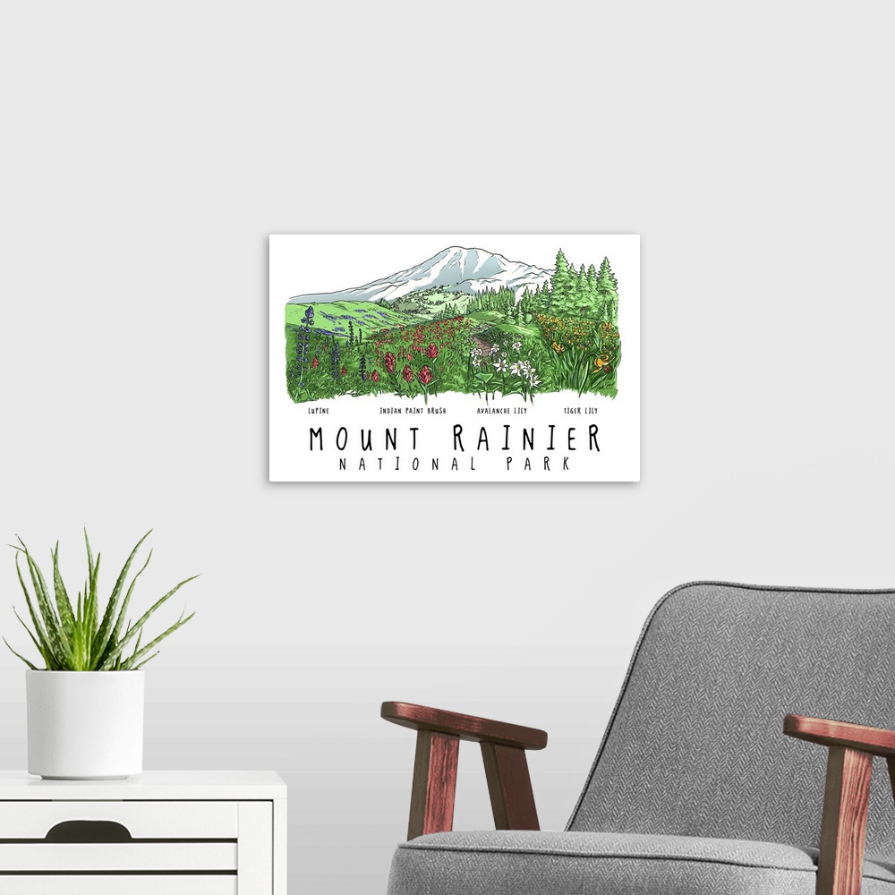 A modern room featuring Mount Rainier National Park, Washington - Wildflower Montage