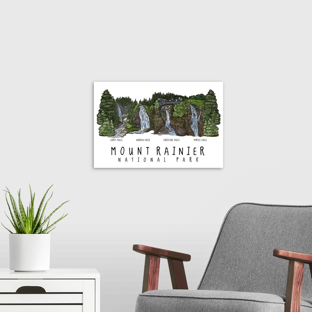 A modern room featuring Mount Rainier National Park - Waterfall Montage