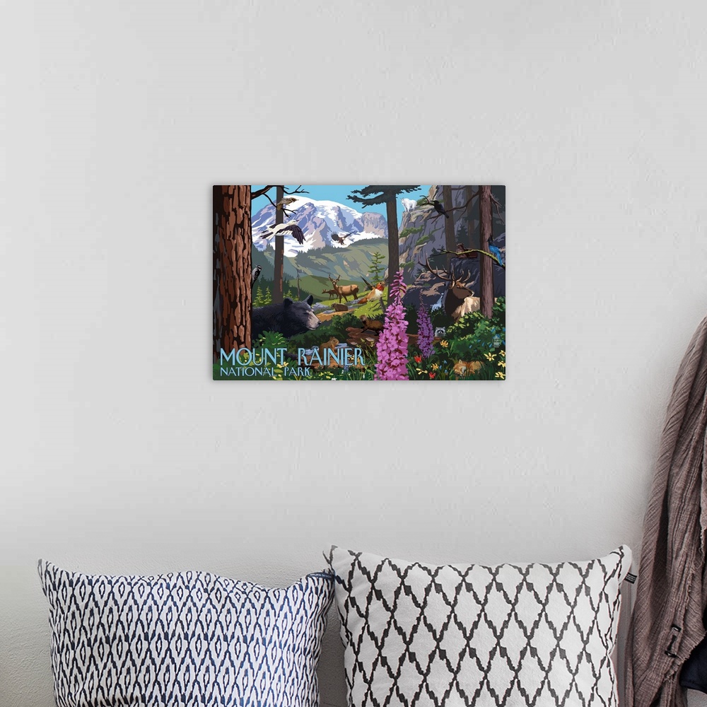 A bohemian room featuring Mount Rainier National Park - Wildlife Utopia: Retro Travel Poster