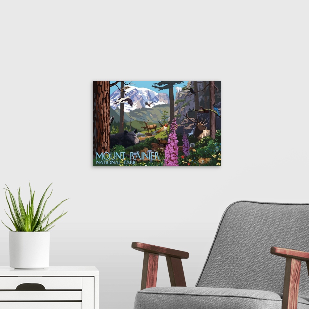 A modern room featuring Mount Rainier National Park - Wildlife Utopia: Retro Travel Poster