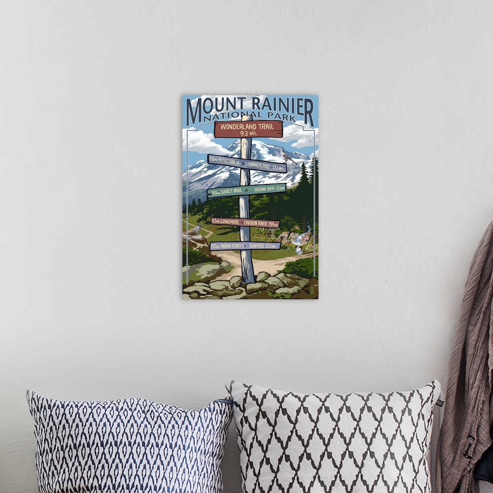 A bohemian room featuring Mount Rainier National Park -  Wonderland Trail Destination Sign: Retro Travel Poster