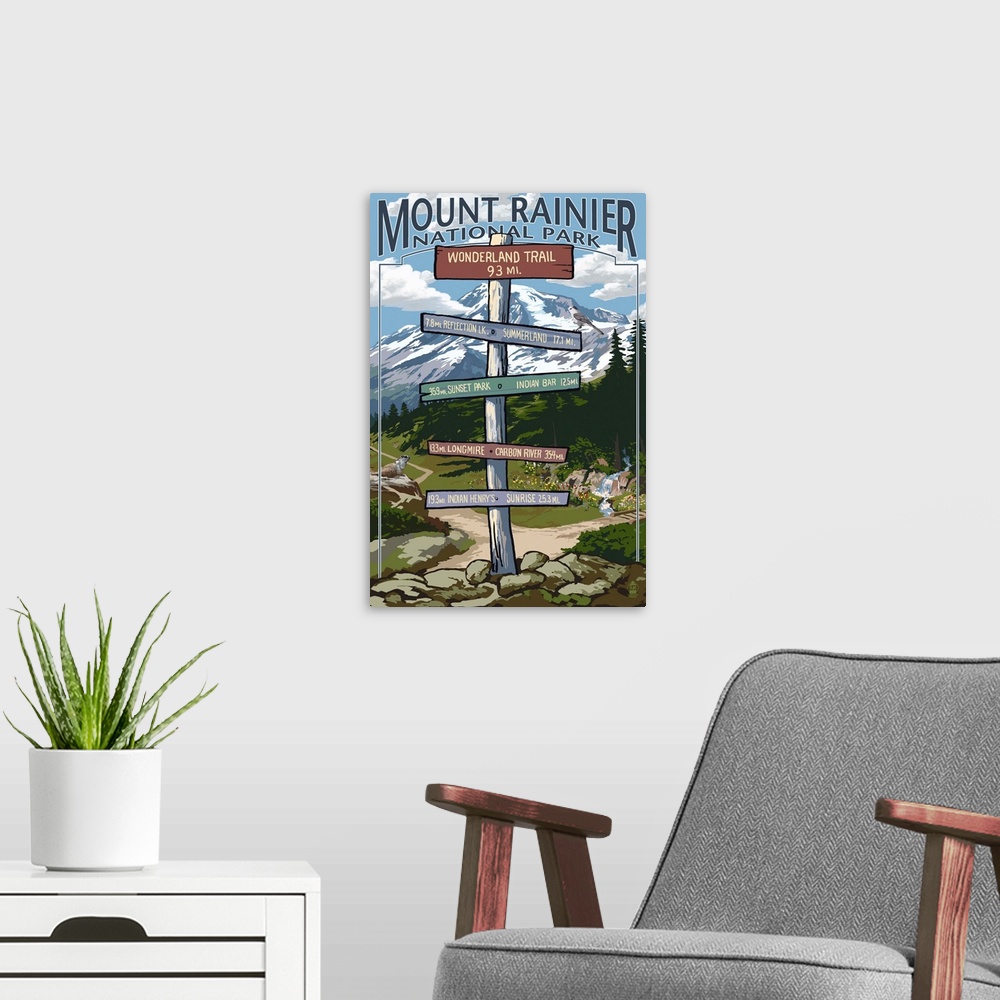 A modern room featuring Mount Rainier National Park -  Wonderland Trail Destination Sign: Retro Travel Poster