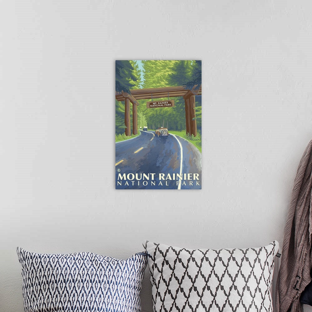 A bohemian room featuring Mount Rainier - Nisqually Entrance: Retro Travel Poster