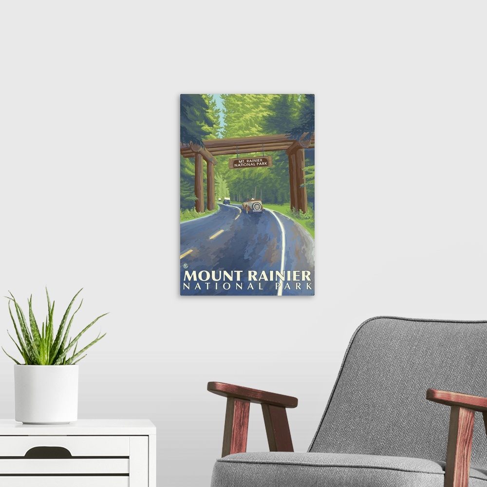 A modern room featuring Mount Rainier - Nisqually Entrance: Retro Travel Poster