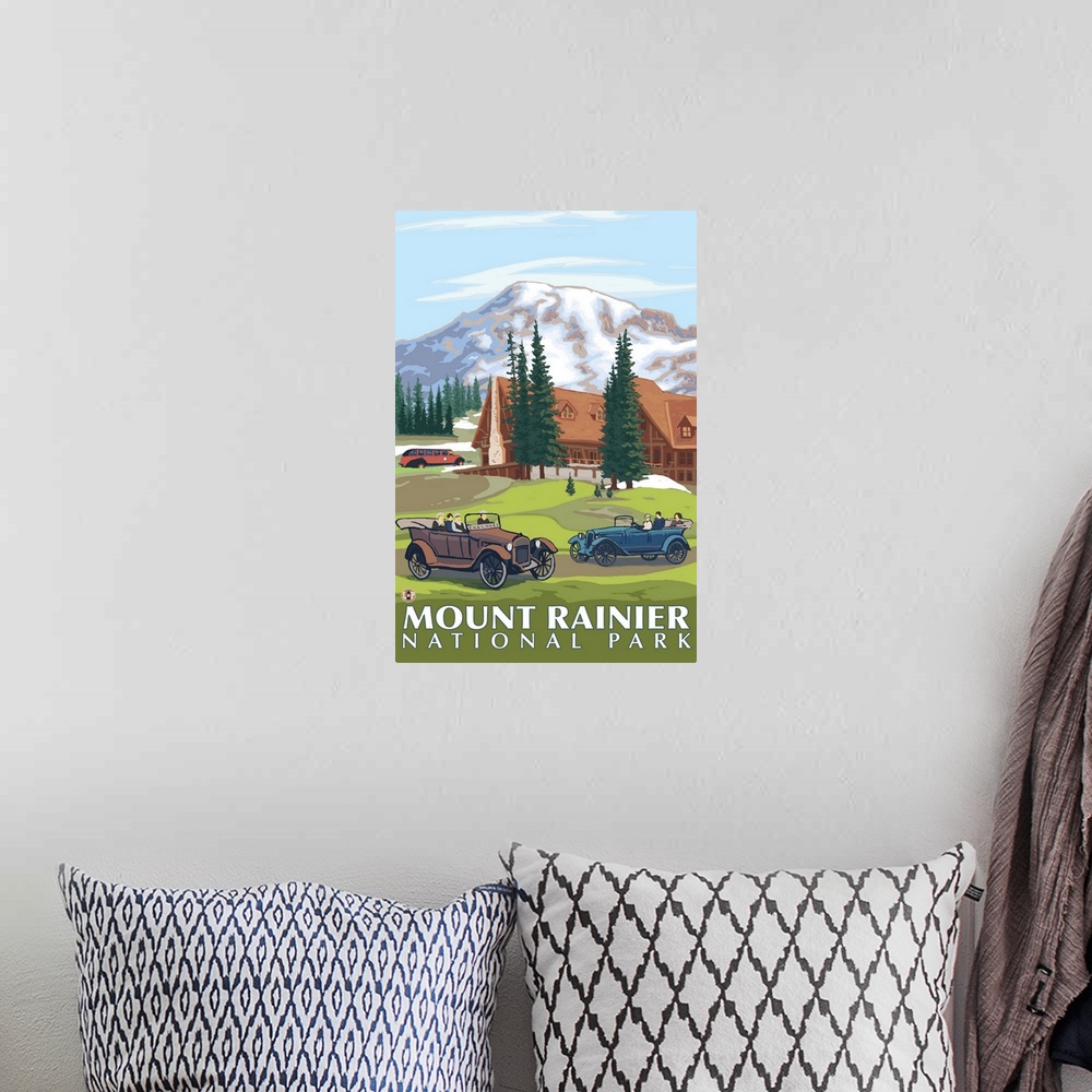 A bohemian room featuring Mount Rainier - Paradise Lodge and Chalmers: Retro Travel Poster