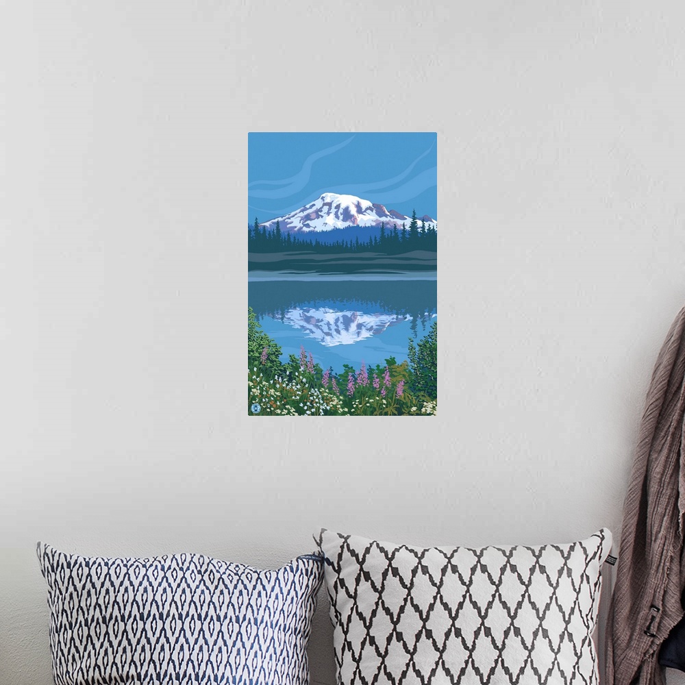 A bohemian room featuring Mount Rainier - Reflection Lake - Image Only: Retro Poster Art