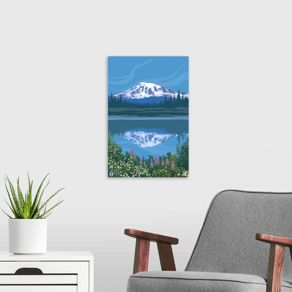 A modern room featuring Mount Rainier - Reflection Lake - Image Only: Retro Poster Art