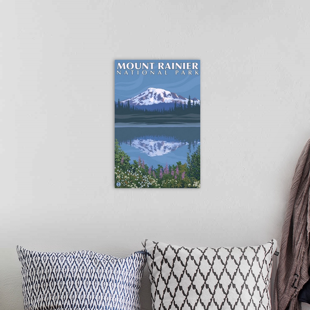 A bohemian room featuring Mount Rainier - Reflection Lake: Retro Travel Poster