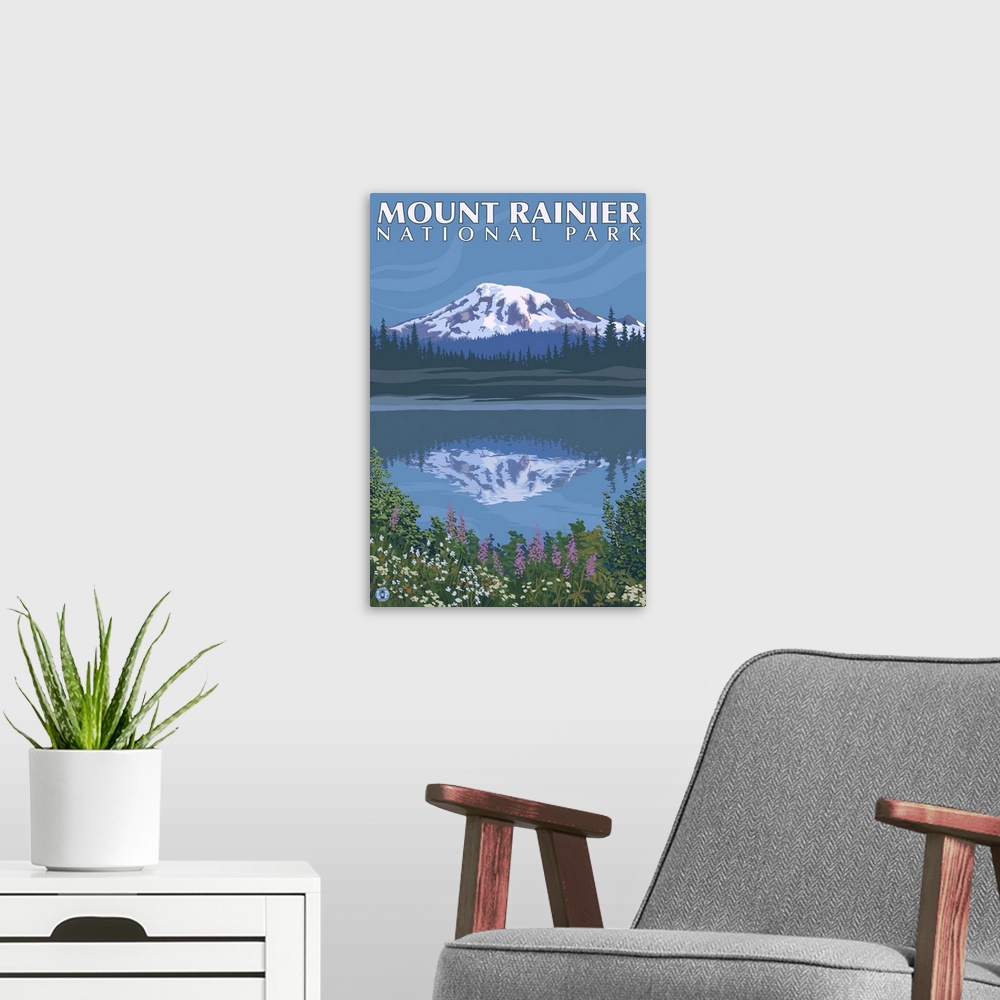A modern room featuring Mount Rainier - Reflection Lake: Retro Travel Poster