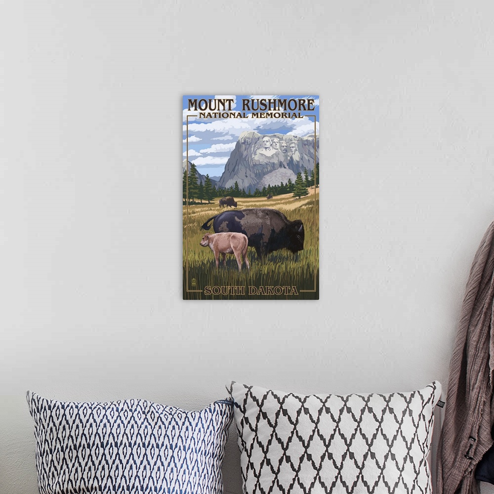 A bohemian room featuring Mount Rushmore National Memorial, South Dakota - Bison Scene: Retro Travel Poster