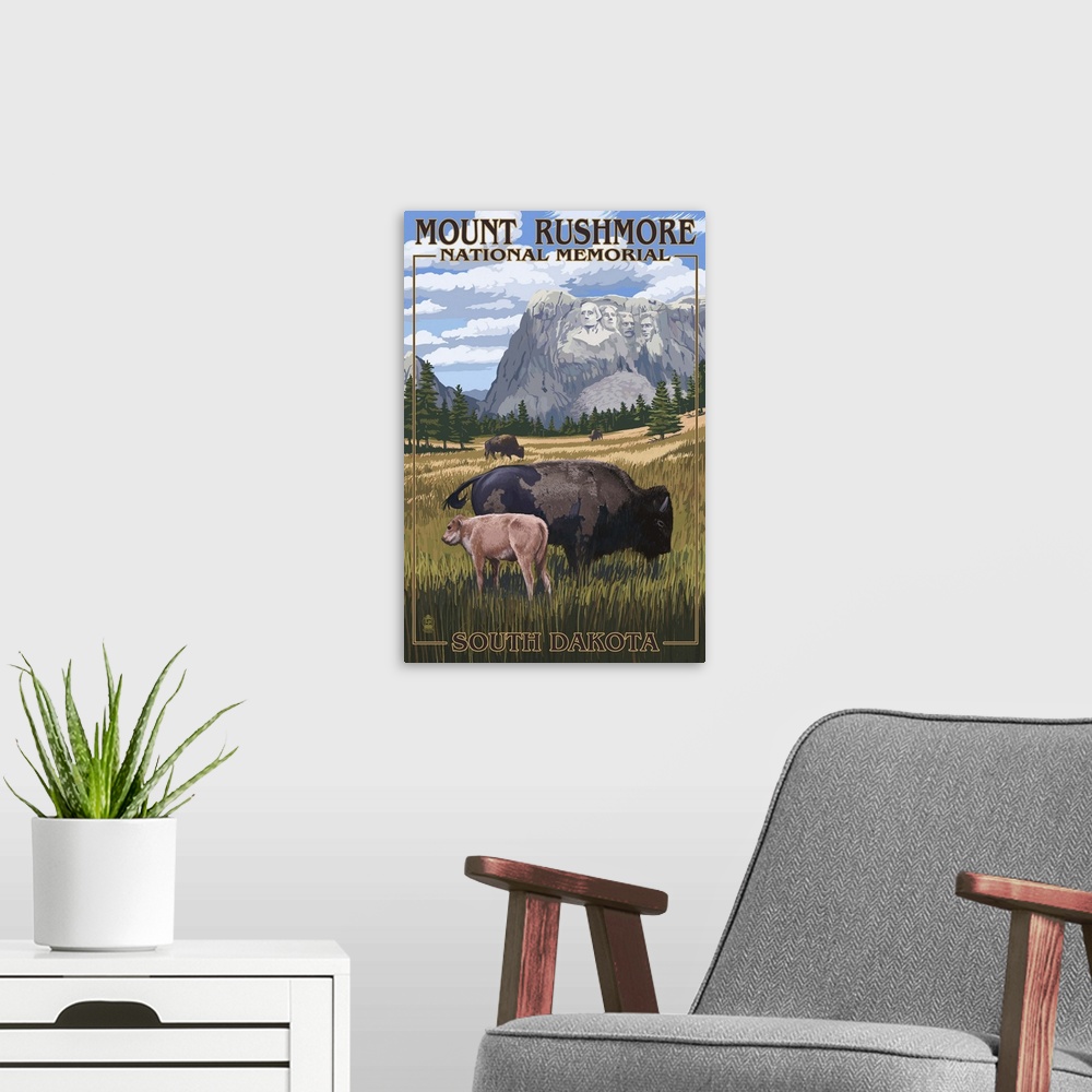A modern room featuring Mount Rushmore National Memorial, South Dakota - Bison Scene: Retro Travel Poster