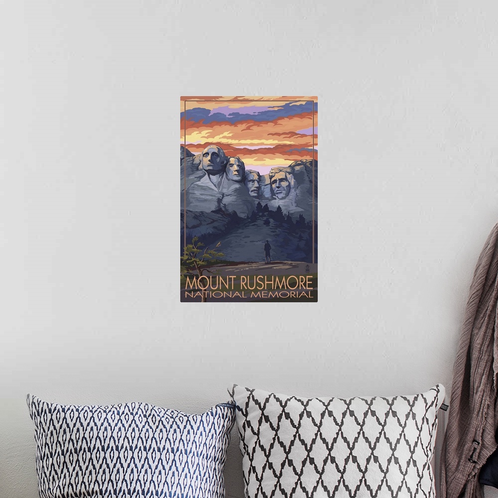A bohemian room featuring Mount Rushmore National Memorial, South Dakota - Sunset View: Retro Travel Poster