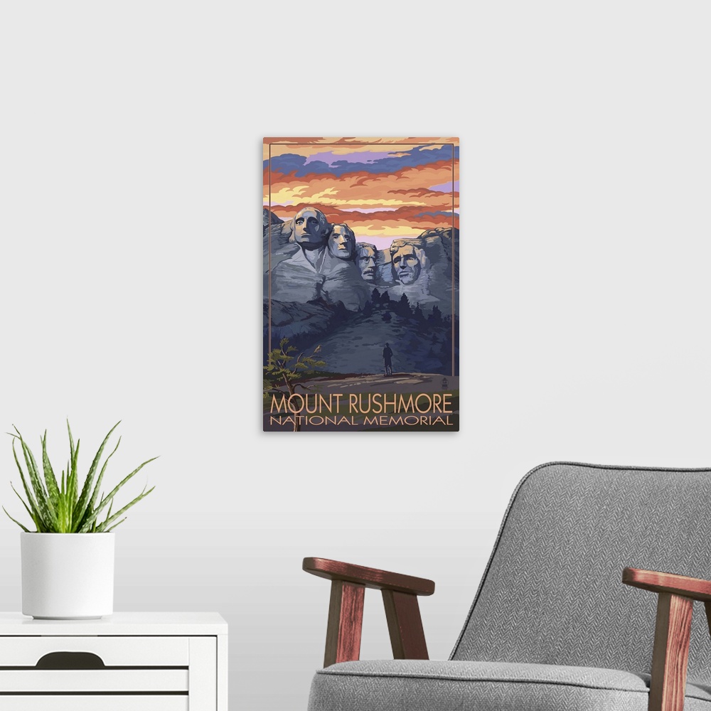 A modern room featuring Mount Rushmore National Memorial, South Dakota - Sunset View: Retro Travel Poster