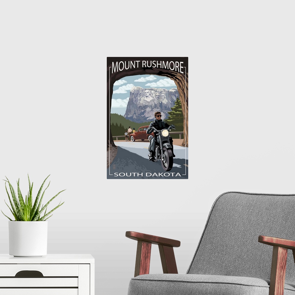 A modern room featuring Mount Rushmore National Memorial, South Dakota - Tunnel Scene: Retro Travel Poster
