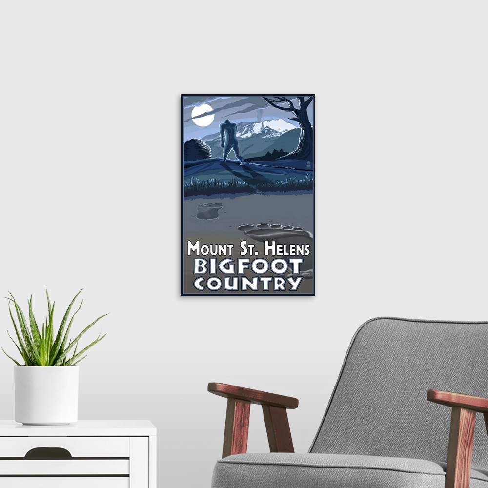 A modern room featuring Mount St. Helens - Bigfoot Country: Retro Travel Poster