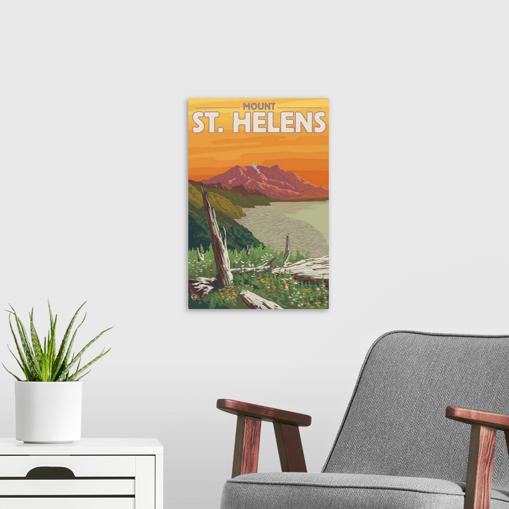 A modern room featuring Mount St. Helens - Sunset View: Retro Travel Poster