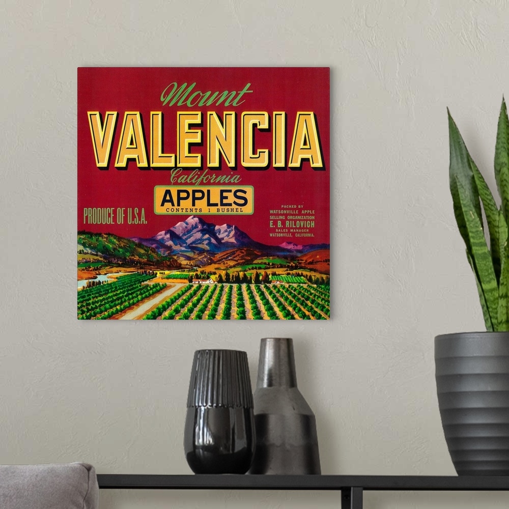 A modern room featuring Mount Valencia Apple Label, Watsonville, CA