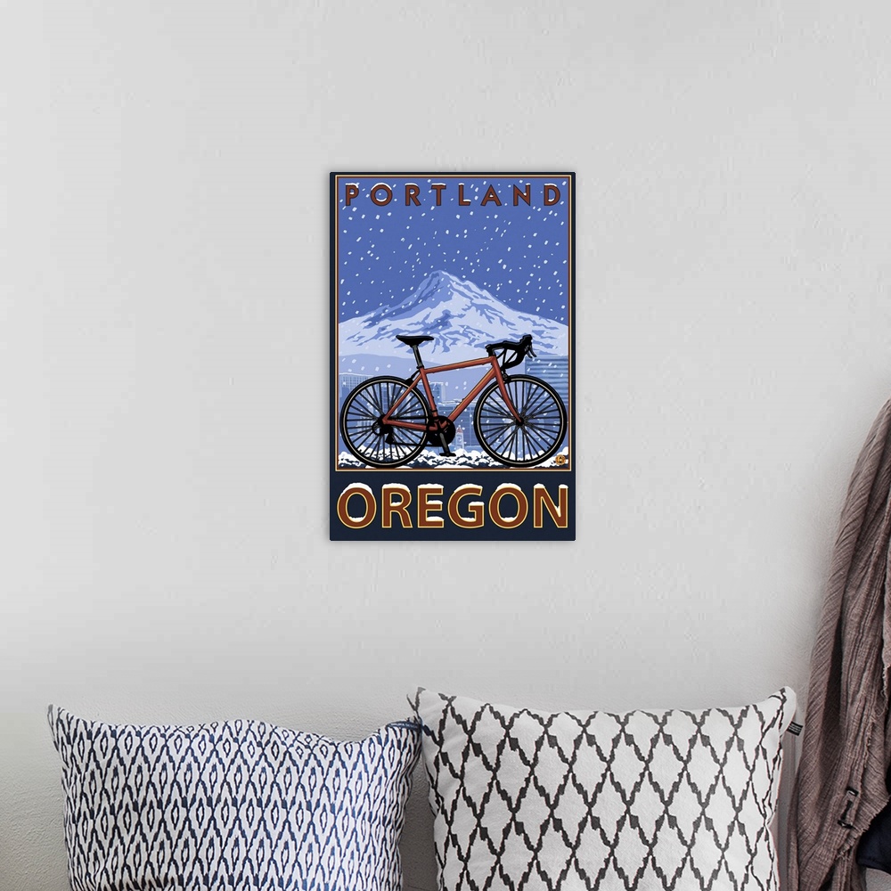 A bohemian room featuring Mountain Bike in Snow - Portland, Oregon: Retro Travel Poster