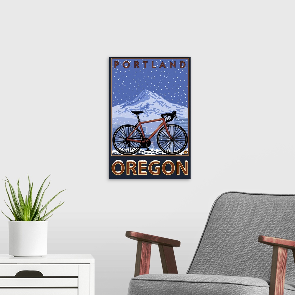 A modern room featuring Mountain Bike in Snow - Portland, Oregon: Retro Travel Poster