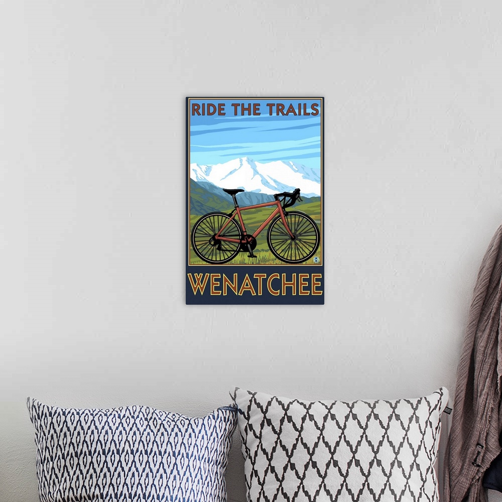 A bohemian room featuring Mountain Bike Scene - Wenatchee, WA: Retro Travel Poster