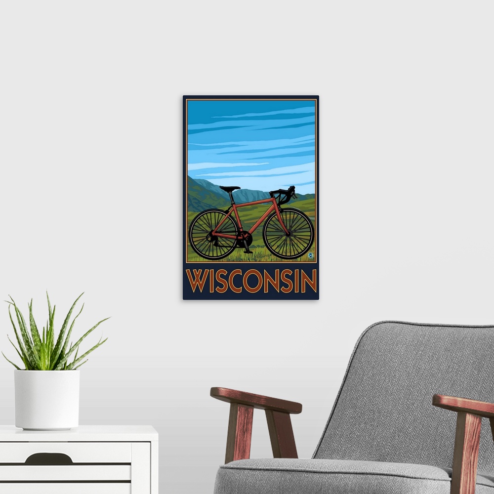 A modern room featuring Mountain Bike Scene - Wisconsin: Retro Travel Poster