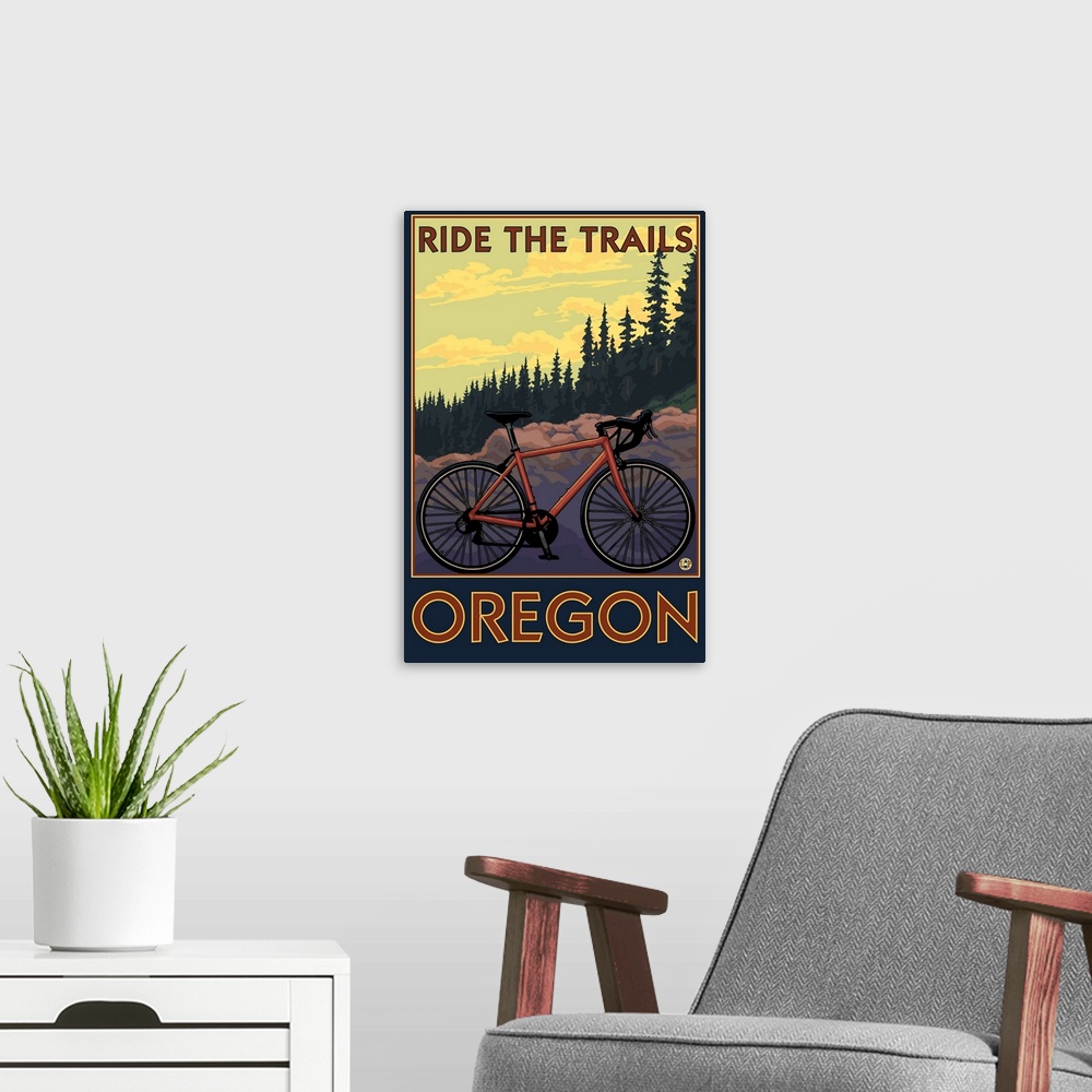 A modern room featuring Mountain Bike (trail) - Oregon: Retro Travel Poster