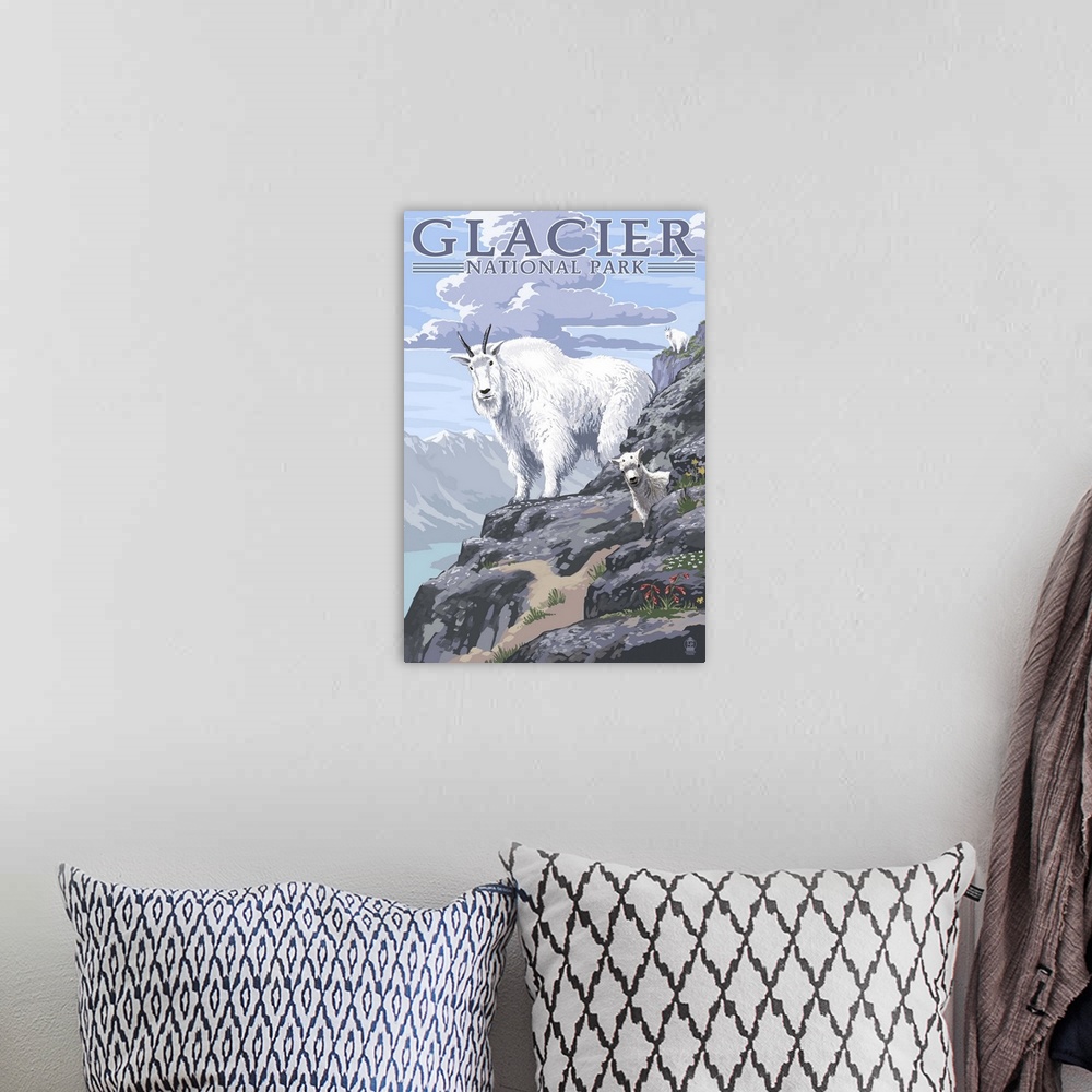 A bohemian room featuring Mountain Goat and Kid - Glacier National Park, Montana: Retro Travel Poster