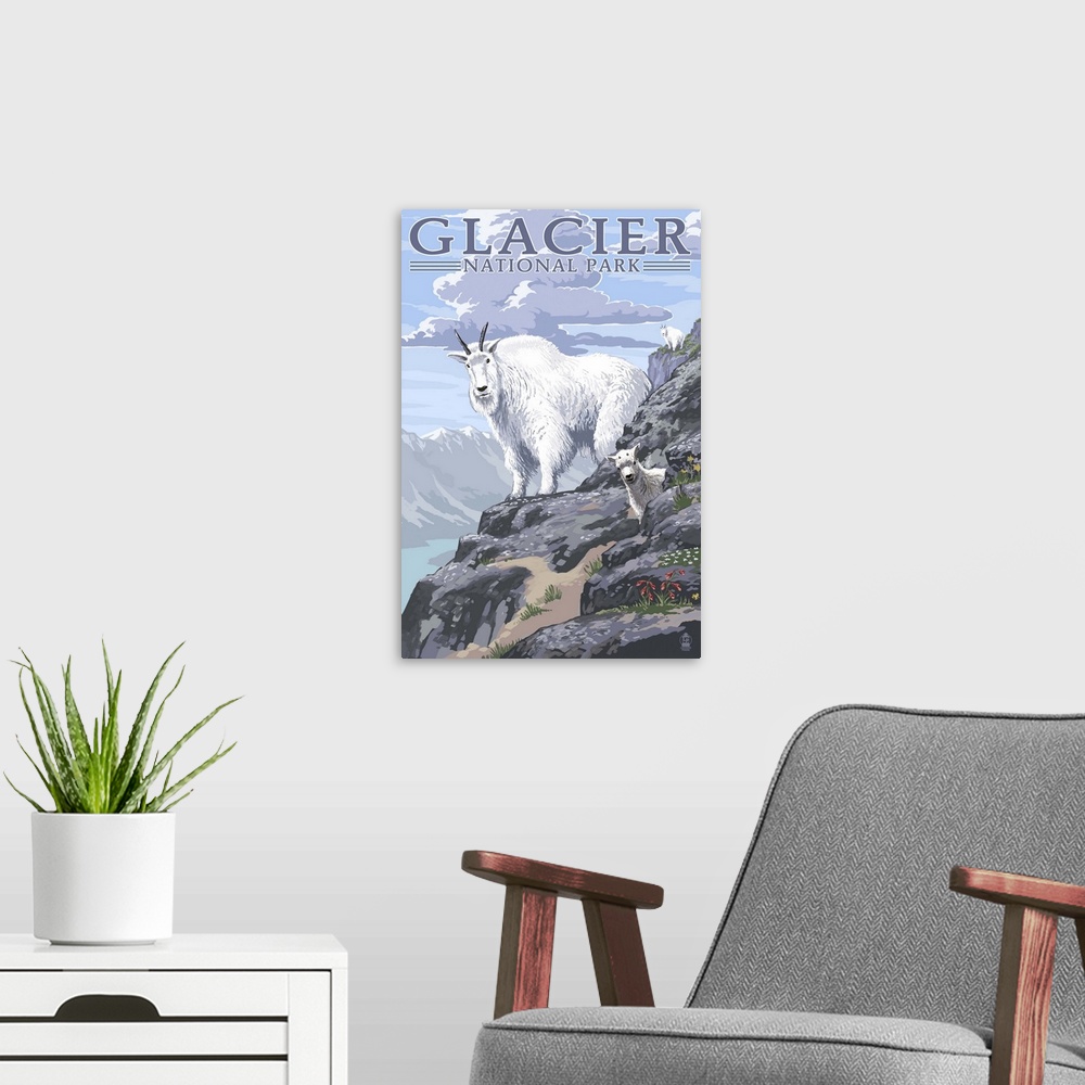 A modern room featuring Mountain Goat and Kid - Glacier National Park, Montana: Retro Travel Poster