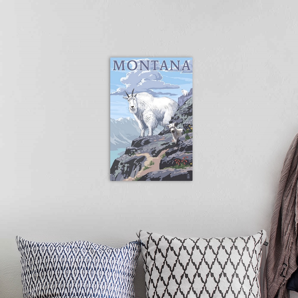 A bohemian room featuring Retro stylized art poster of a mountain goat with its young, on a rocky surface.