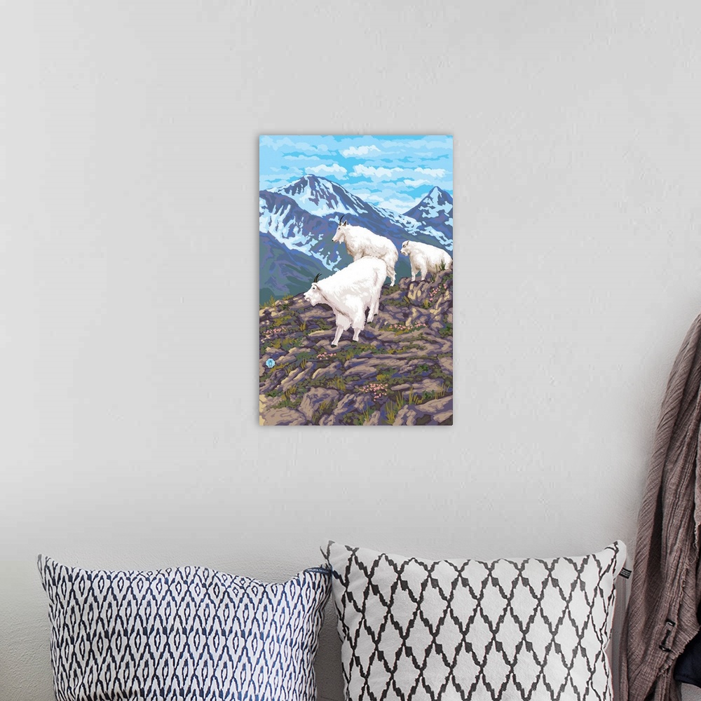 A bohemian room featuring Retro stylized art poster of three mountain goats on rocks, overlooking mountainous valley.