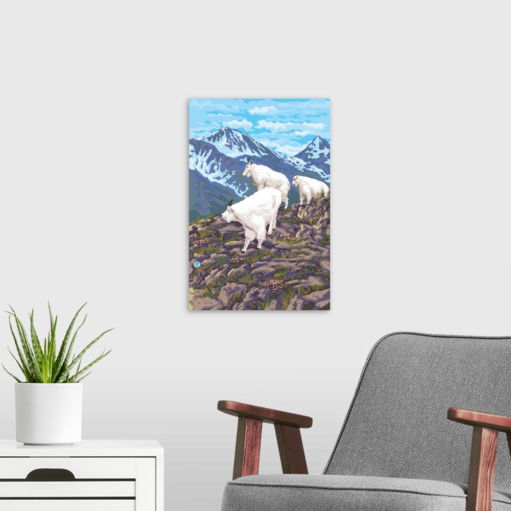 A modern room featuring Retro stylized art poster of three mountain goats on rocks, overlooking mountainous valley.