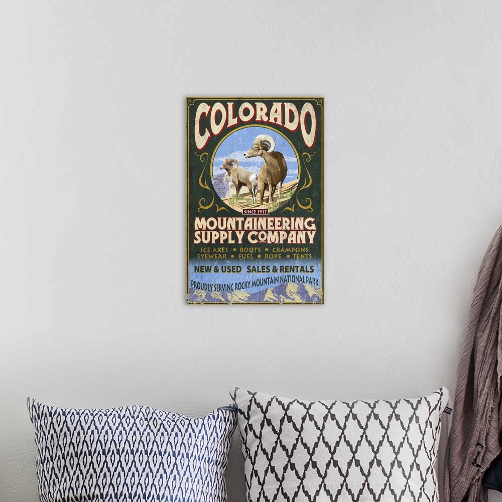 A bohemian room featuring Mountaineering Supply - Rocky Mountain National Park: Retro Travel Poster